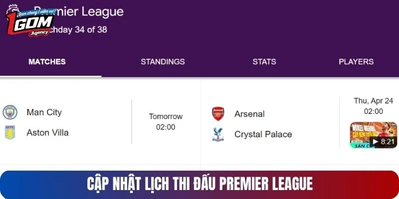 Cập nhật lịch bóng đá Premier League