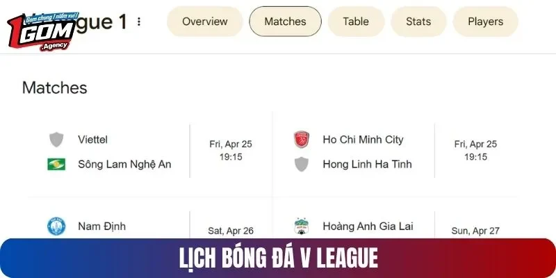 Lịch đá bóng V League